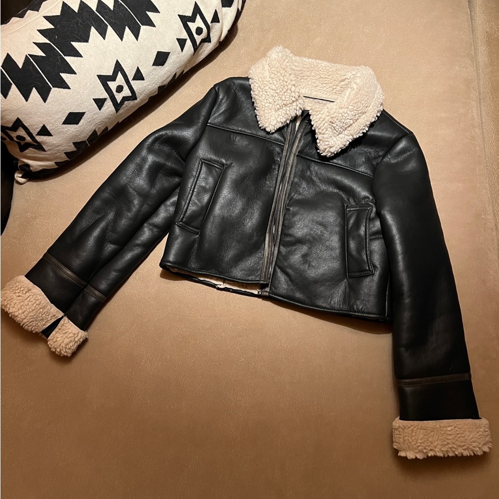 Love Tree Black Leather Jacket with Cream Shearling